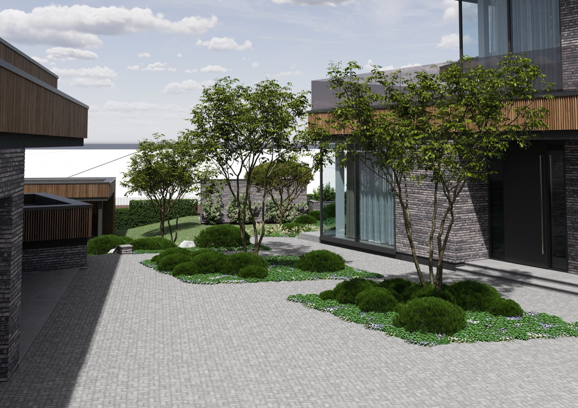 Kraštovaizdžio 3D vizualizacija su dekoratyviniais augalais ir taku