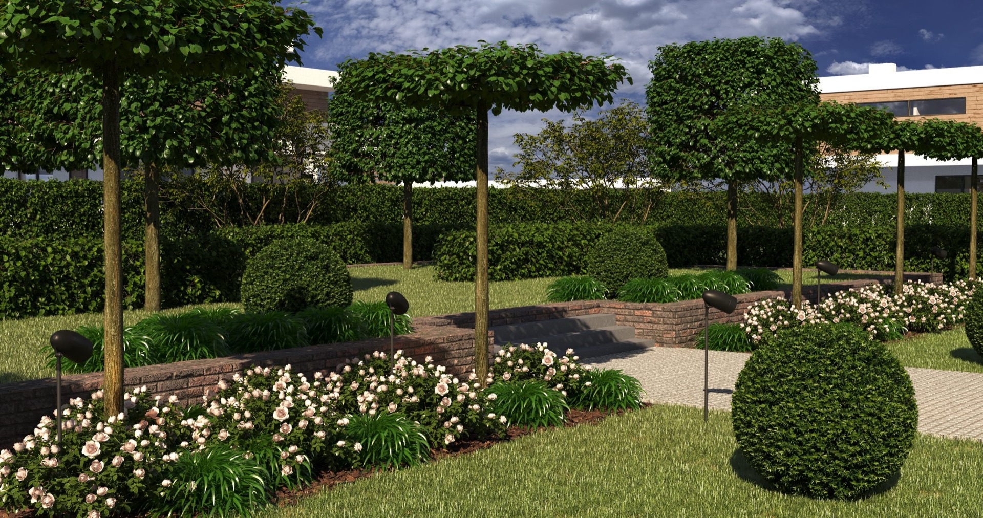 Modernaus kiemo vizualizacija su automobilių aikštele