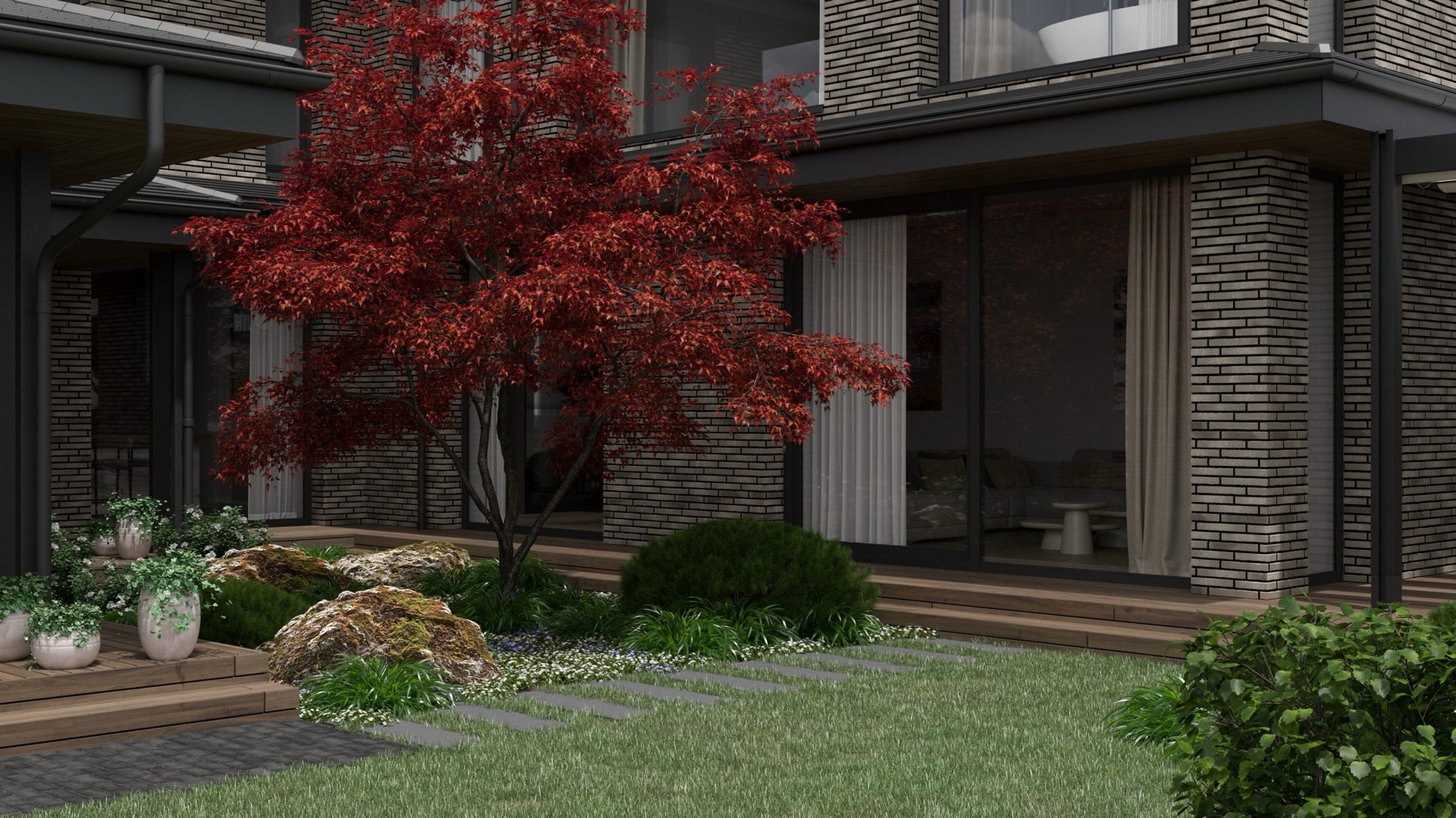 Sodo projekto vizualizacija su želdynais ir gėlynais