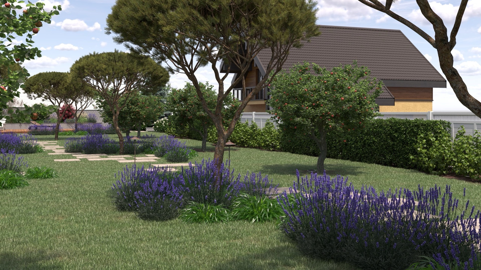 Kiemo vizualizacija su pergole ir poilsio zona