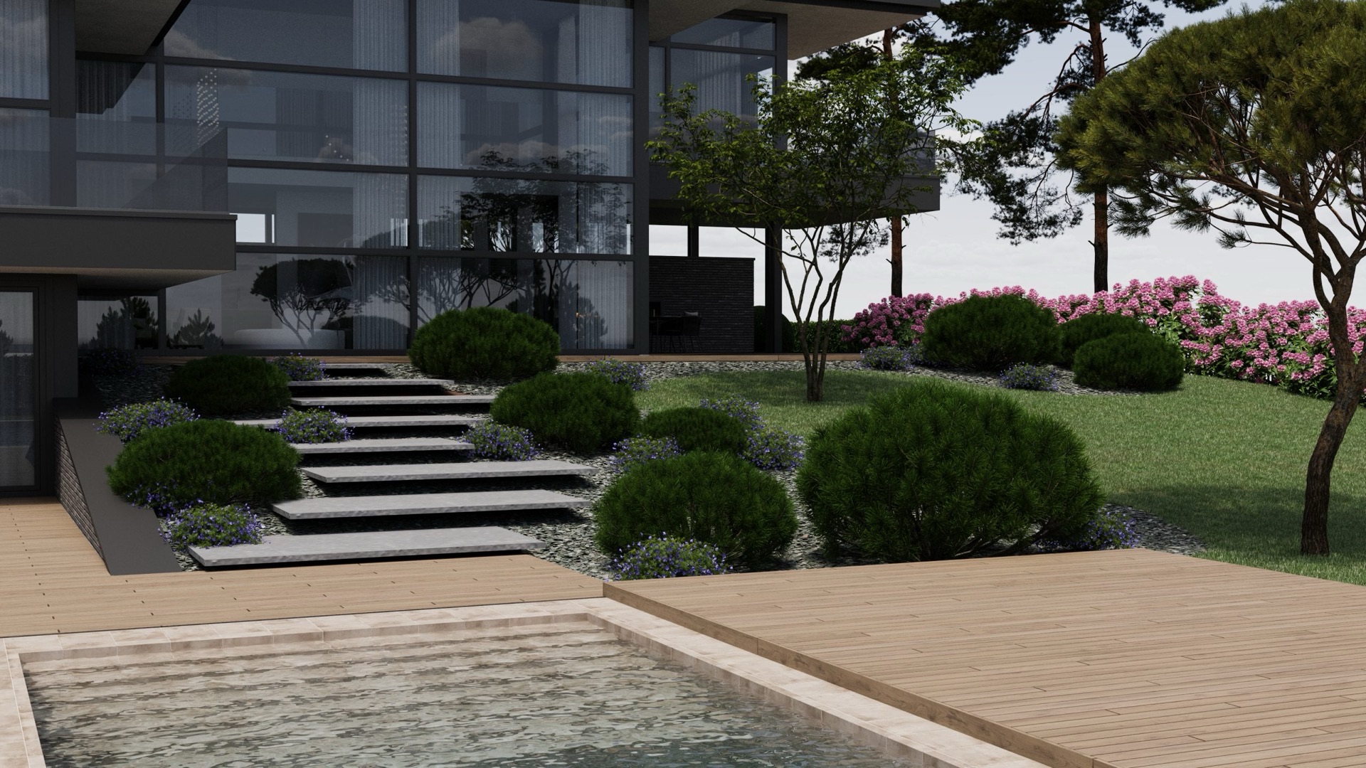 Sodo dizaino vizualizacija su dekoratyviniais krūmais