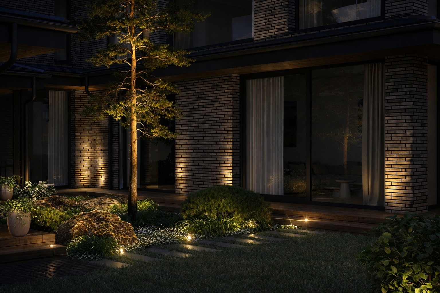 Naktinė sodo vizualizacija su lauko apšvietimu