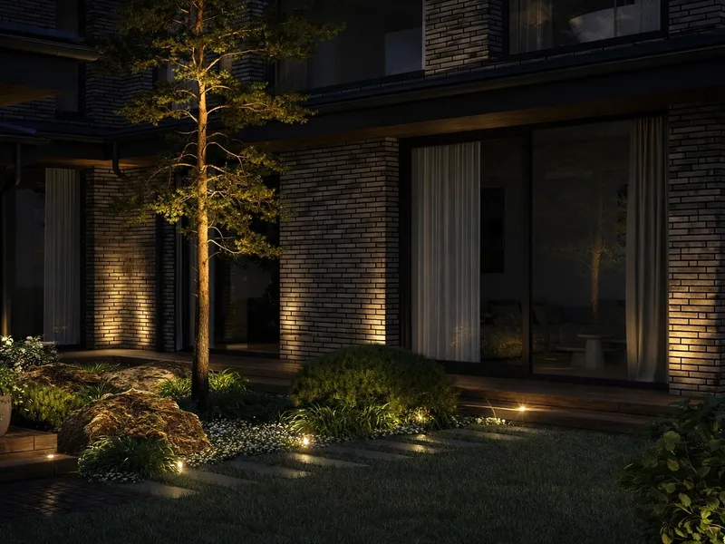 Naktinė sodo vizualizacija su lauko apšvietimu