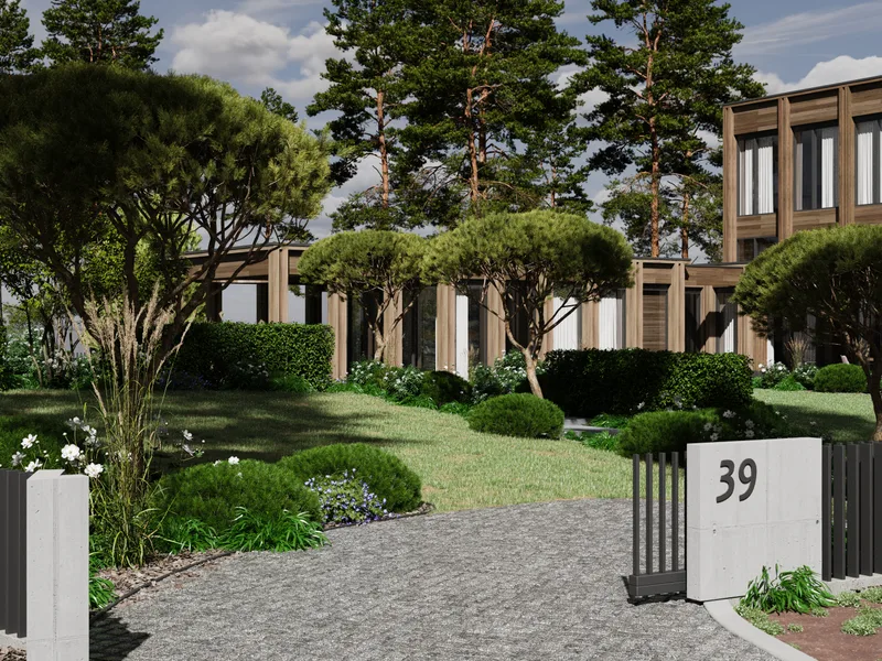 3D kraštovaizdžio vizualizacija su terasa ir augalais