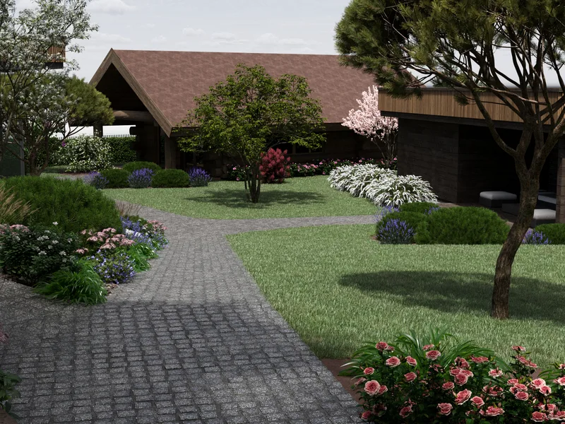 Sodo erdvės vizualizacija su takais ir apželdinimu