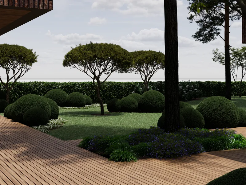 Kraštovaizdžio dizaino vizualizacija su dekoratyviniais elementais