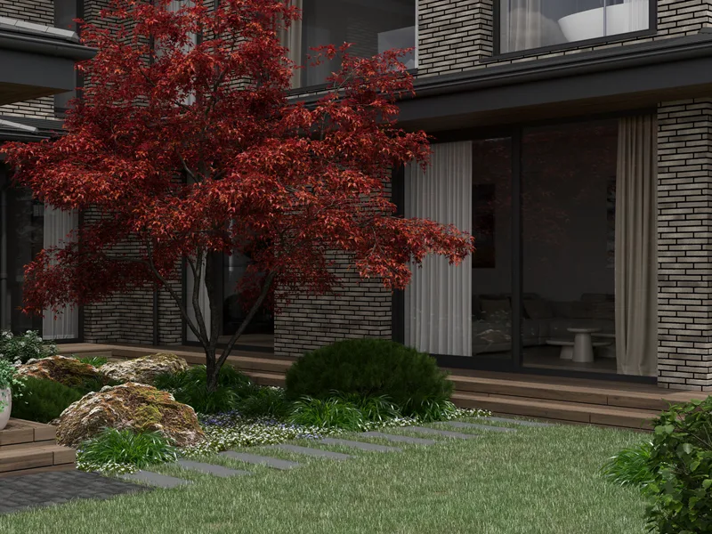 Sodo projekto vizualizacija su želdynais ir gėlynais