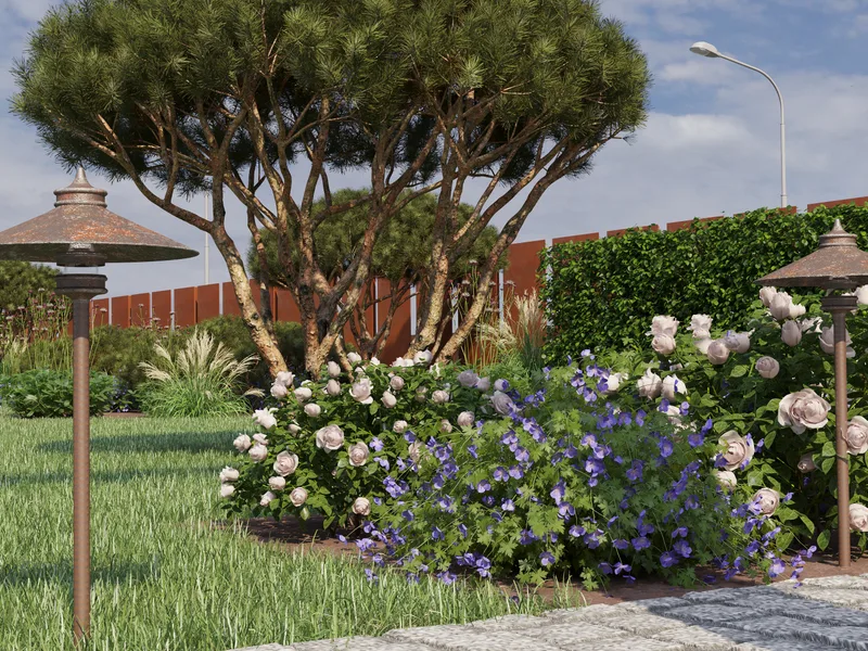 Naktinė sodo vizualizacija su lauko apšvietimu ir augalais