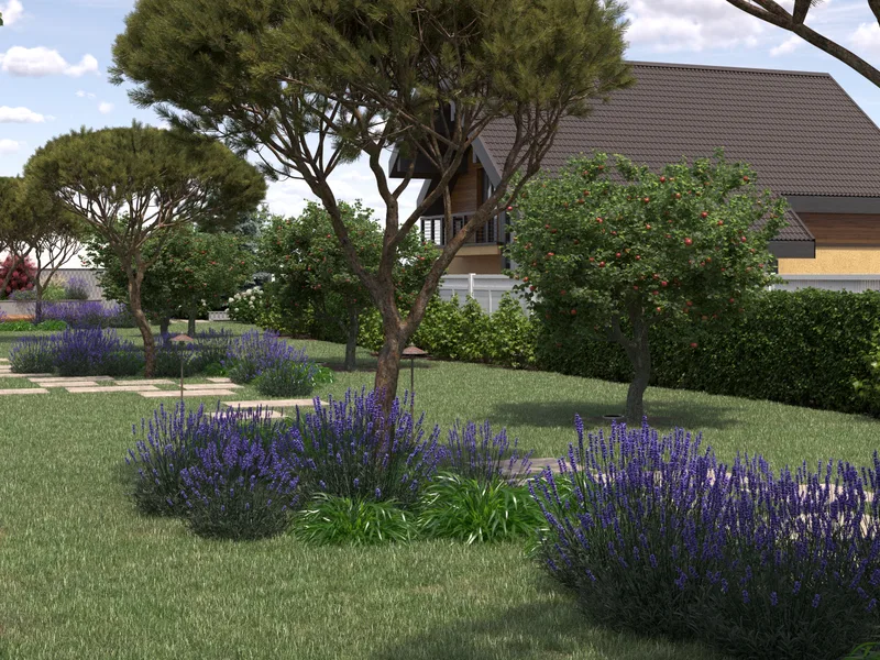 Kiemo vizualizacija su pergole ir poilsio zona