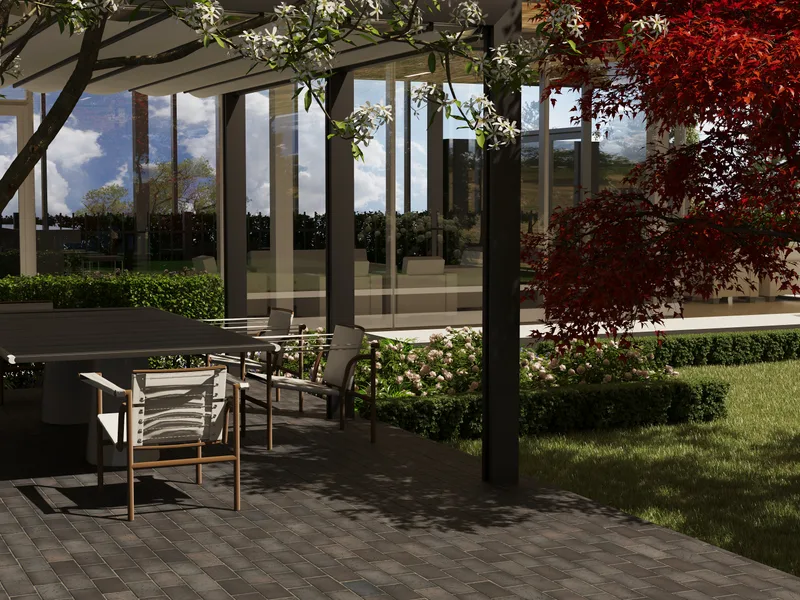 Kiemo vizualizacija su hortenzijomis ir dekoratyviniais augalais