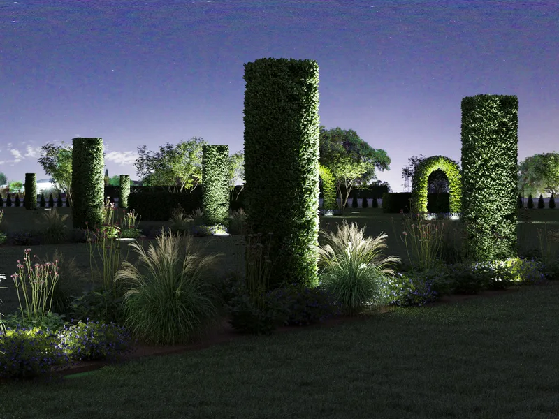 Sodo vizualizacija su gėlynais ir dekoratyviniais augalais prie namo