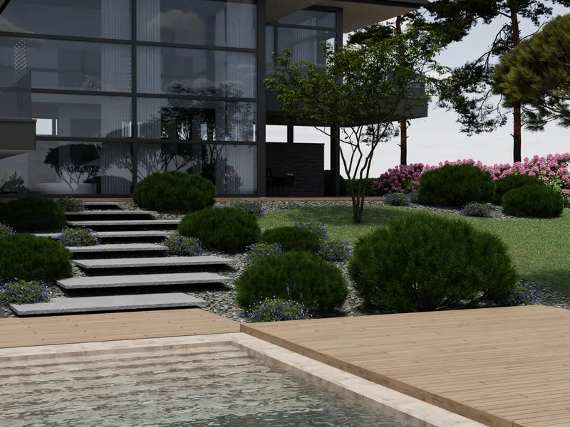 Sodo dizaino vizualizacija su dekoratyviniais krūmais
